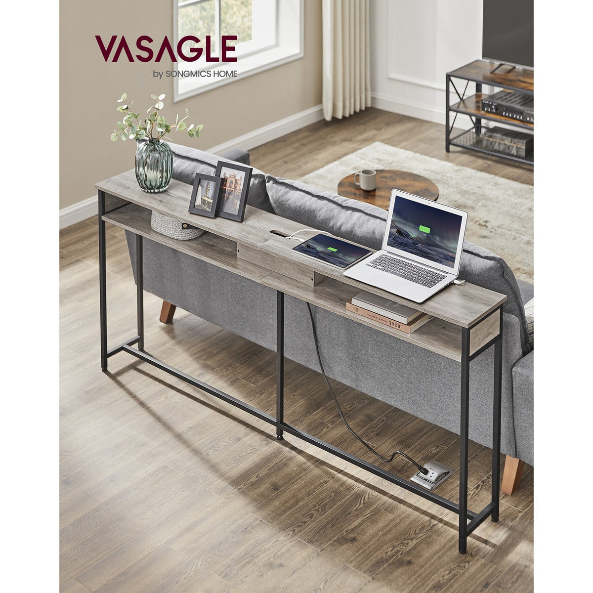 70 Inch Console Table with Outlet and Shelves