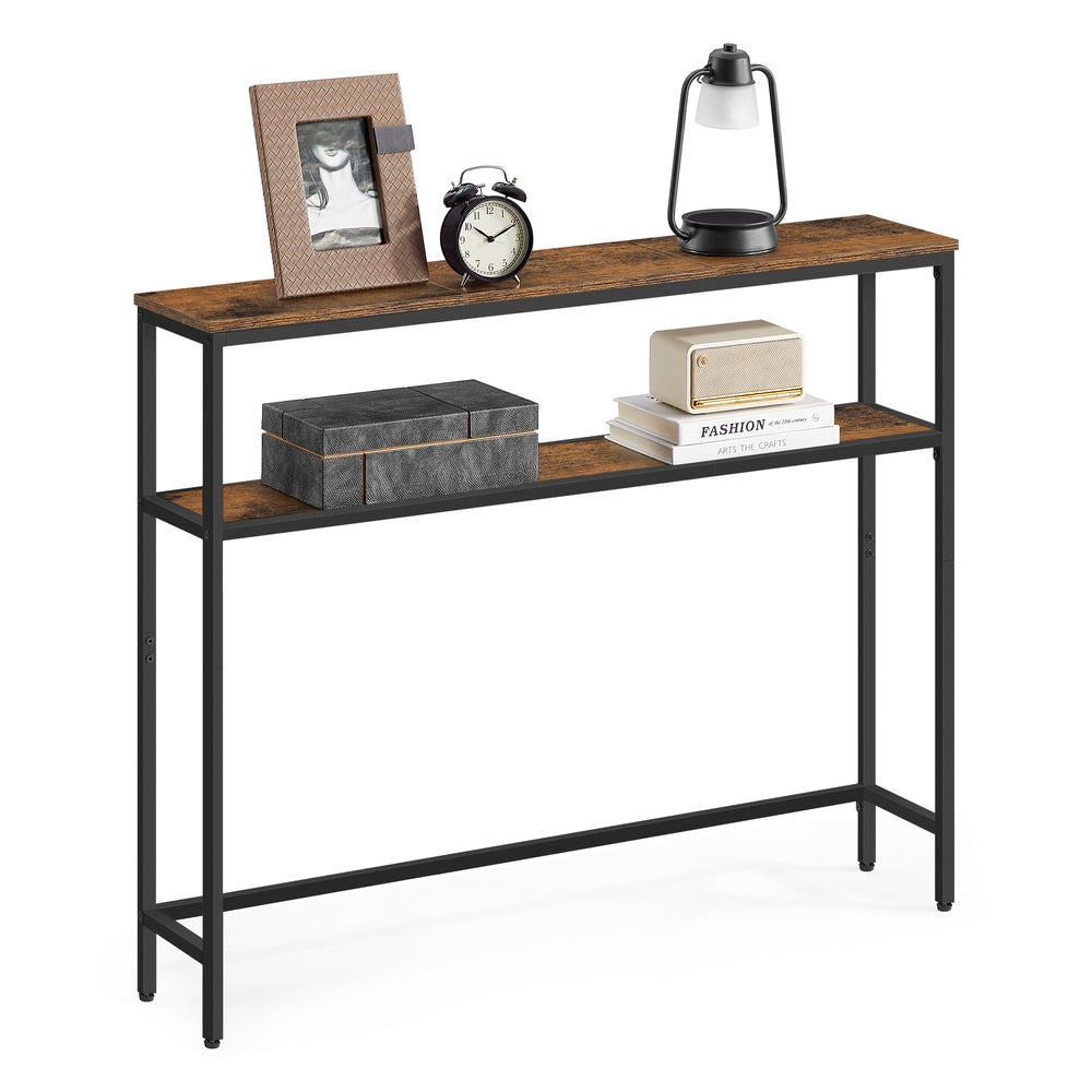2-Tier Console Table with 2 Shelves - Rustic Brown + Ink Black / 7.9"D x 39.4"W x 31.5"H