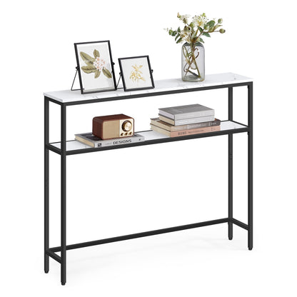2-Tier Console Table with 2 Shelves - Marble White + Ink Black / 7.9"D x 39.4"W x 31.5"H