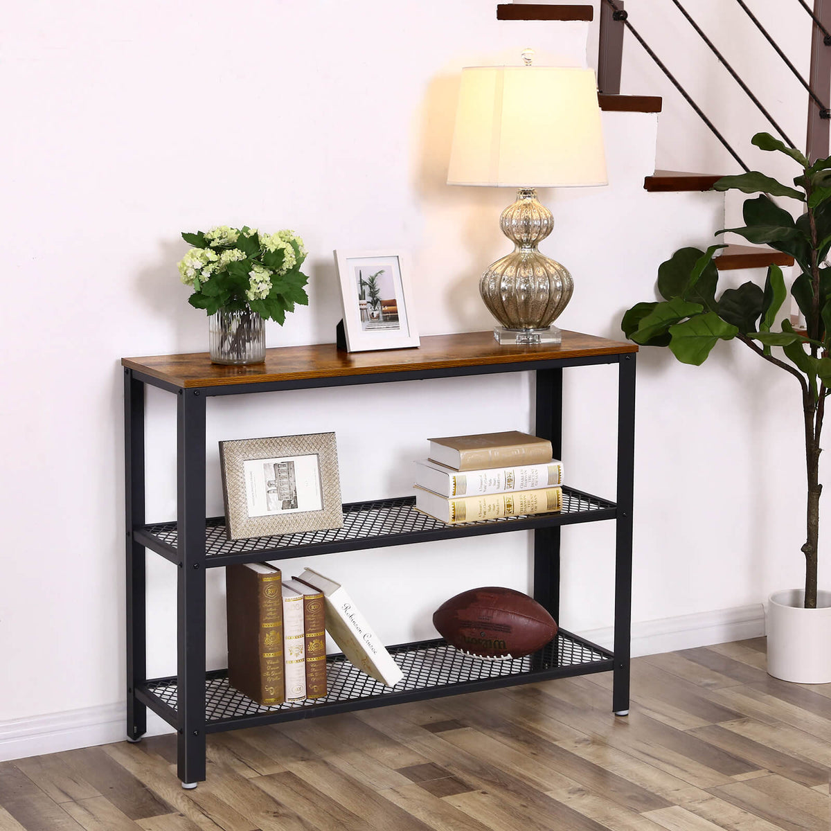 Side Table and Sideboard | Industrial Console Table | Hallway Table with 2 Mesh Shelves