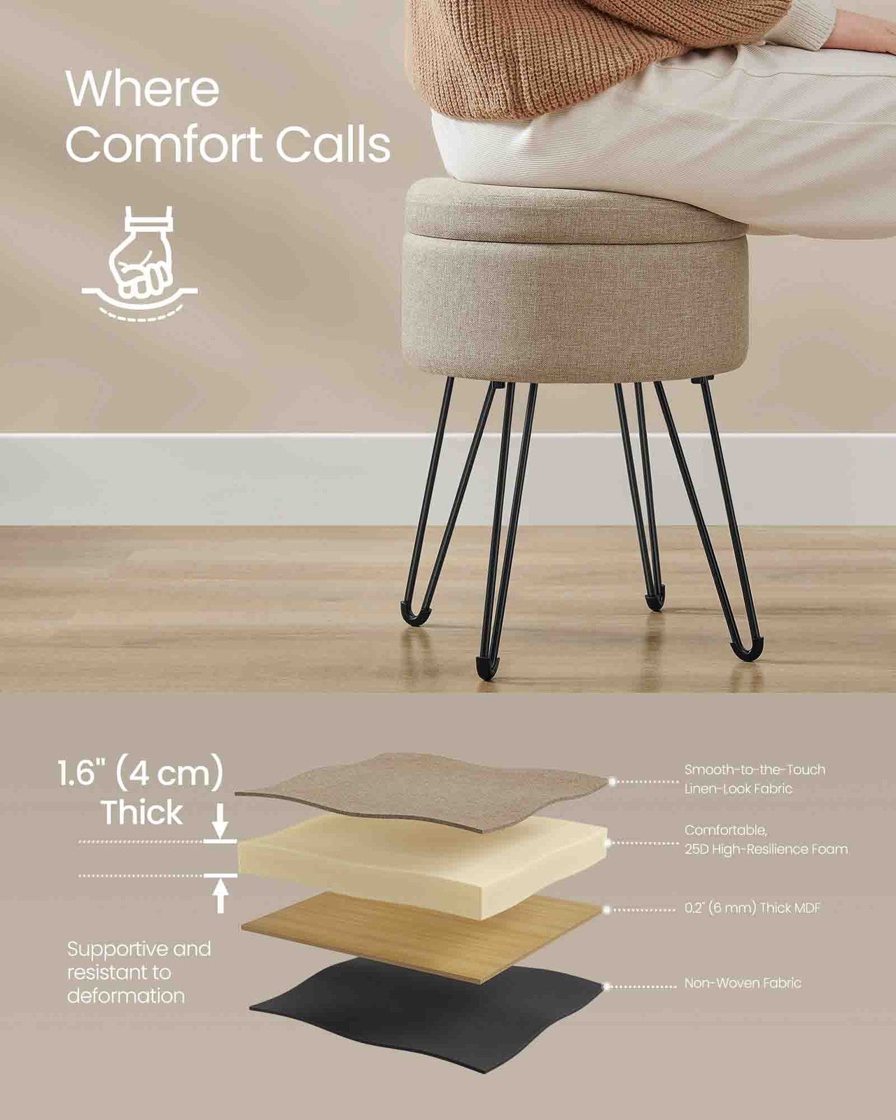 Small Vanity Stool Chair with Storage Camel Brown - image 3