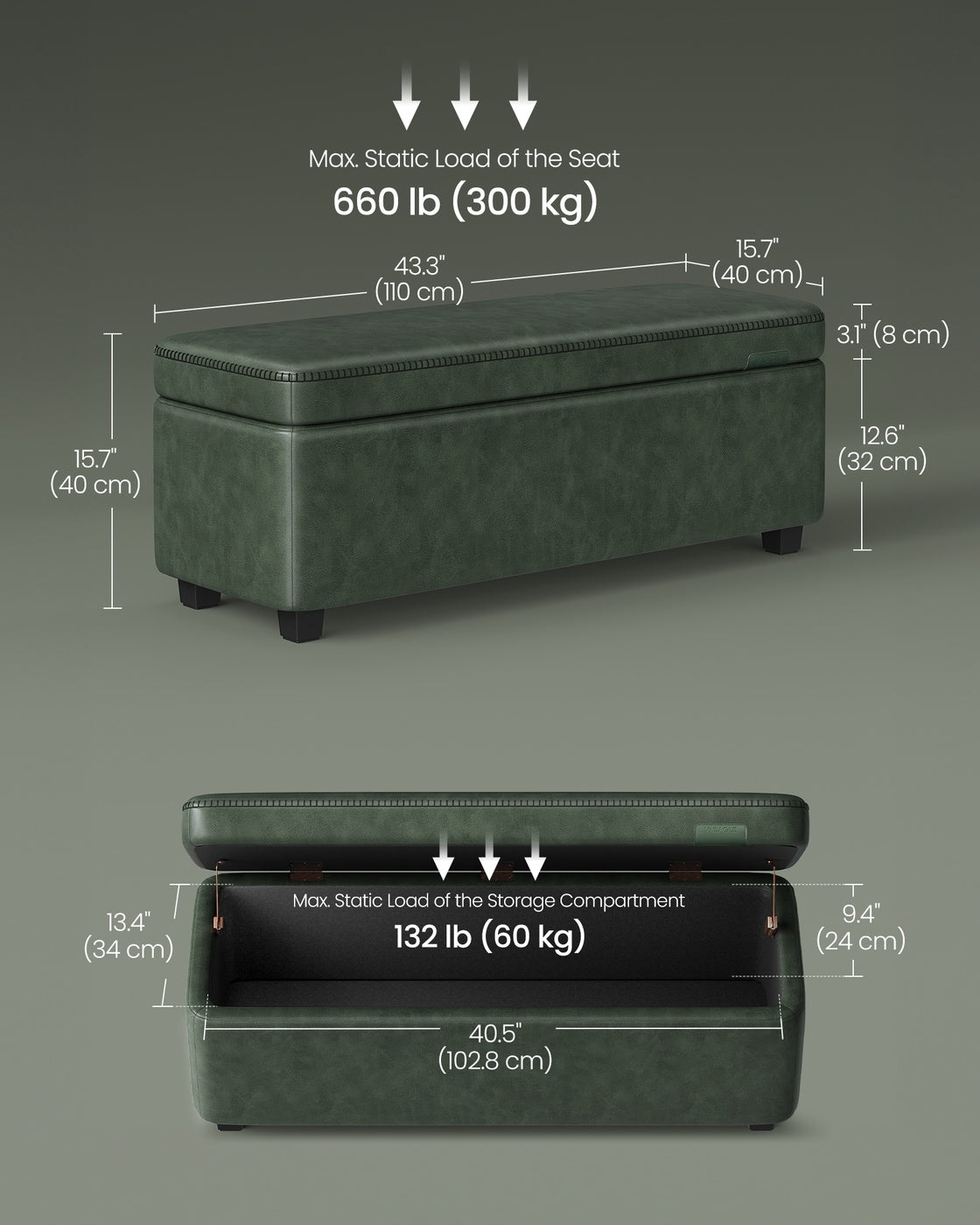 EKHO Collection - Storage Ottoman Bench, Forest Green