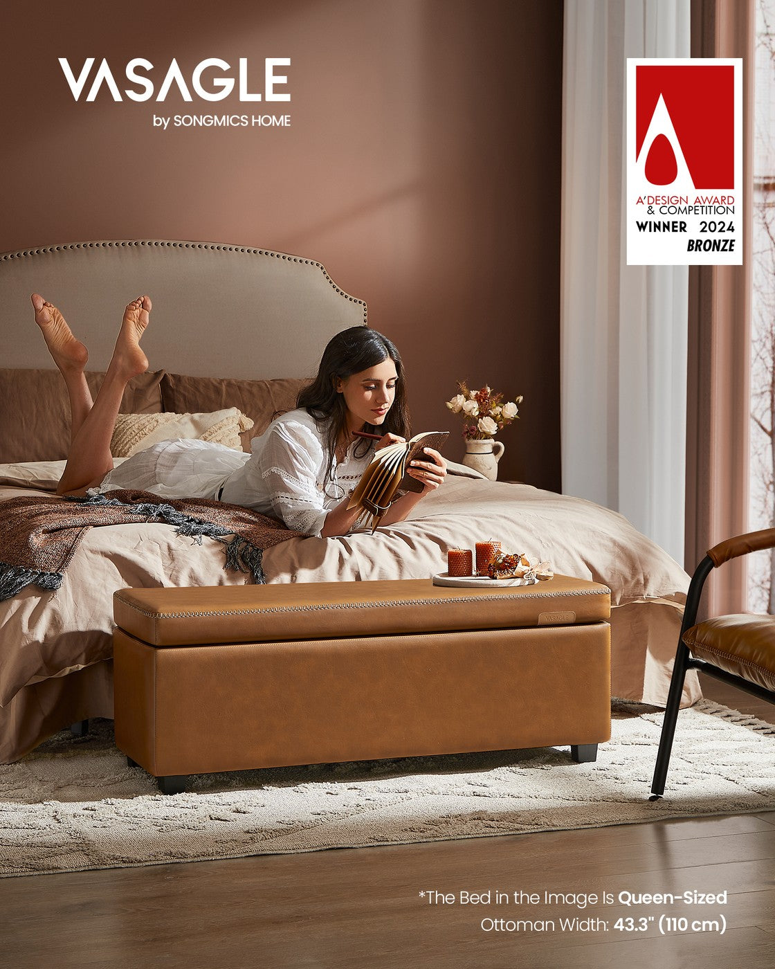 EKHO Collection - Storage Ottoman Bench, Caramel Brown