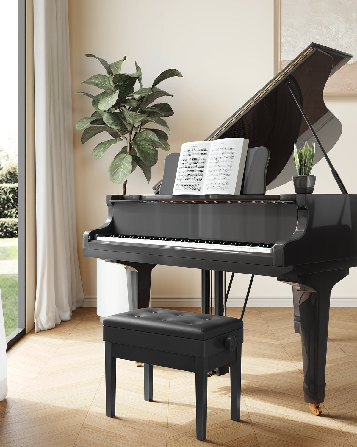 Adjustable Wooden Piano Bench Stool with Sheet Music Storage Black