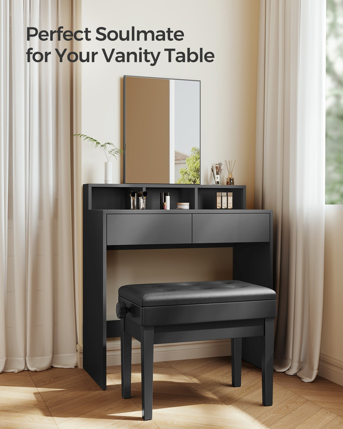 Adjustable Wooden Piano Bench Stool with Sheet Music Storage Black