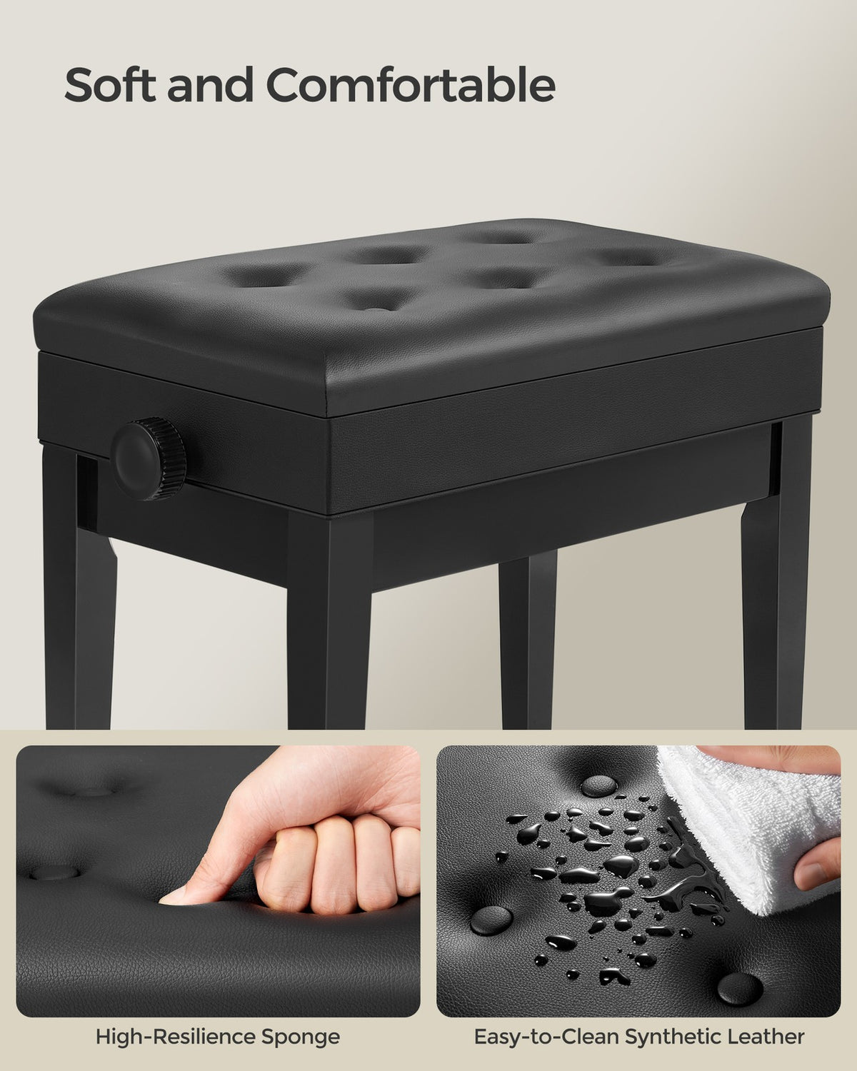 Adjustable Wooden Piano Bench Stool with Sheet Music Storage Black