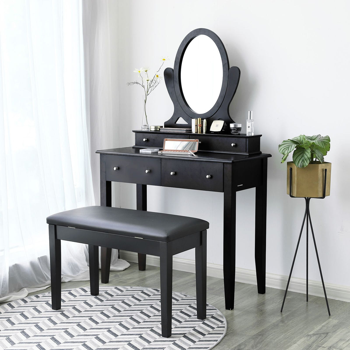 Wooden Duet Piano Bench with Padded Cushion and Music Storage Black