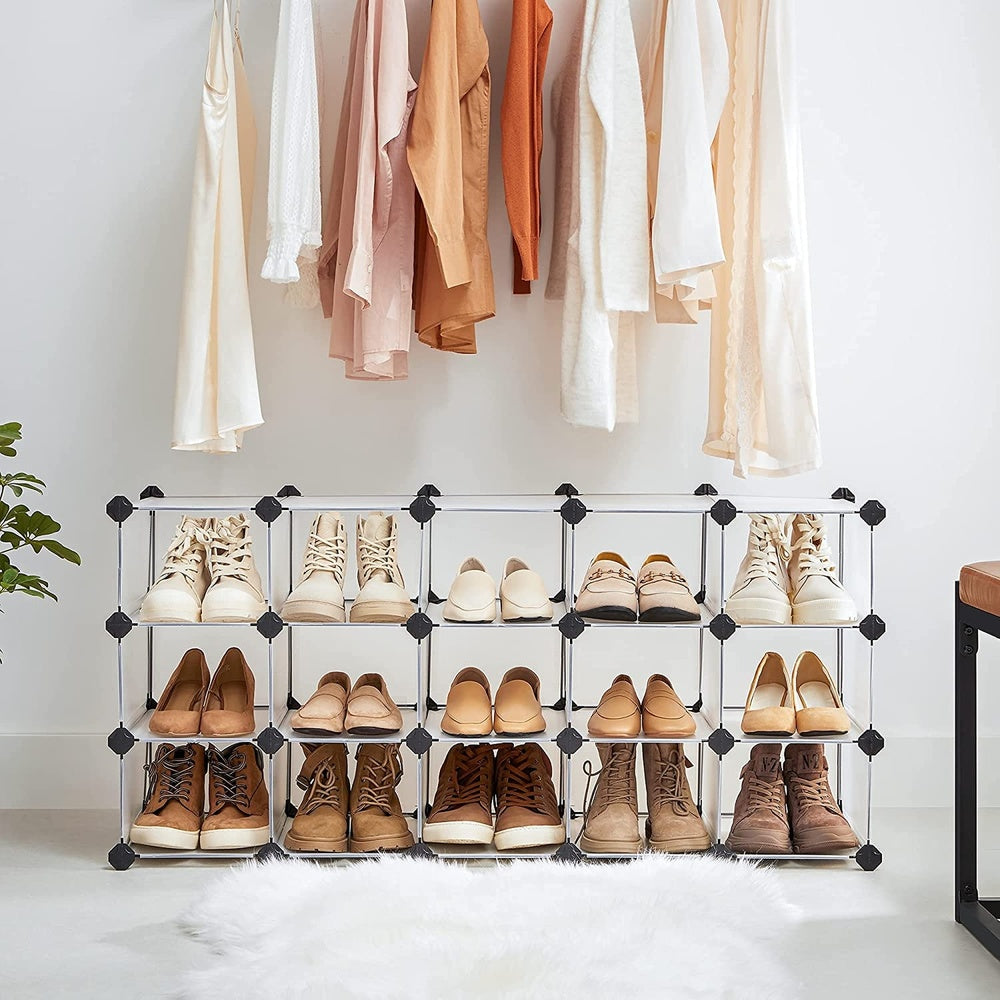 Shoe Rack, 15-Cube Modular Cube Storage, Space Saving DIY Plastic Shoe Organizer Units