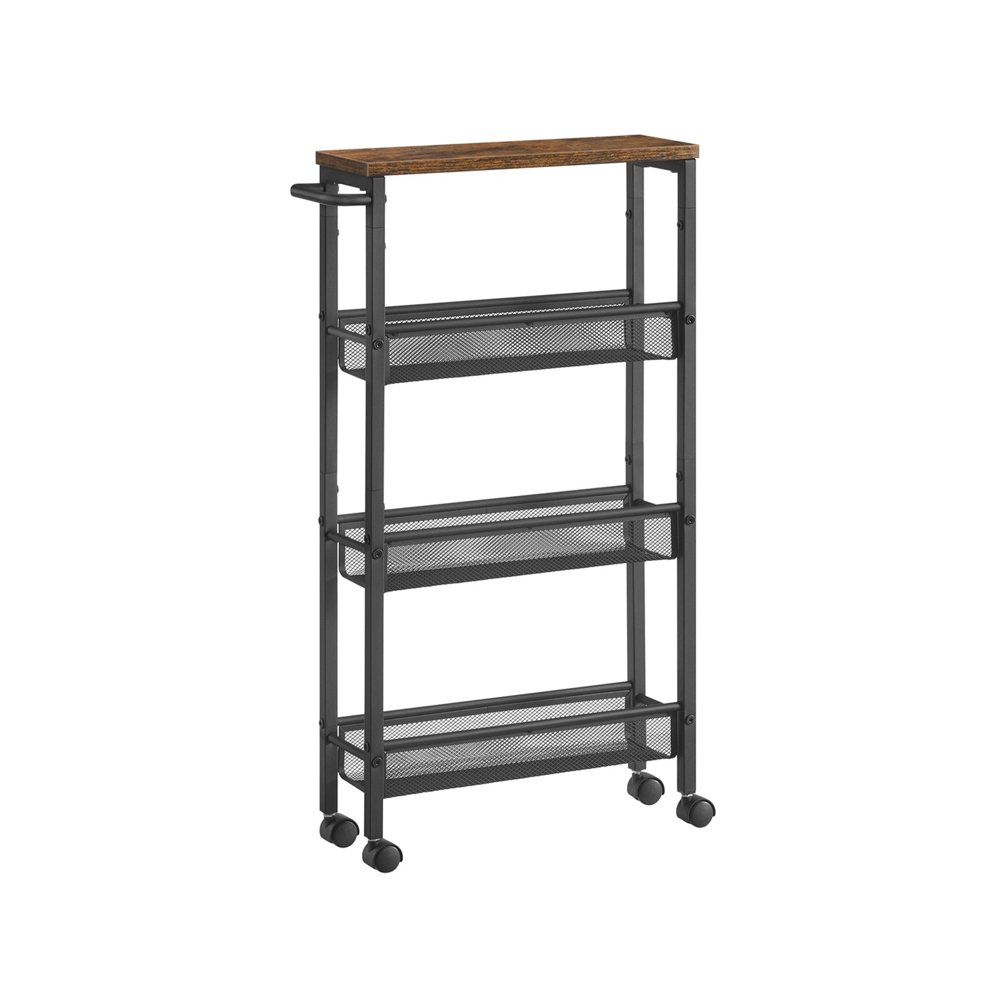 Slim Storage Cart, 4-Tier Rolling Cart Tower, Slide Out Cart with Handle Metal Mobile Shelving Unit for Kitchen Dining Living Room Office Narrow Places, Rustic Brown and Black