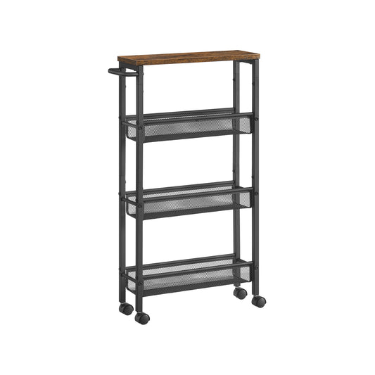 Slim Storage Cart, 4-Tier Rolling Cart Tower, Slide Out Cart with Handle Metal Mobile Shelving Unit for Kitchen Dining Living Room Office Narrow Places, Rustic Brown and Black
