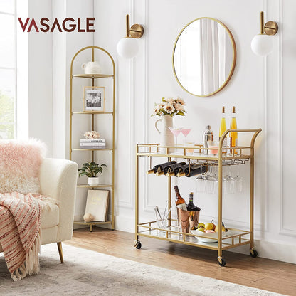 Bar Cart Gold, Home Bar Serving Cart, Wine Cart with 2 Mirrored Shelves