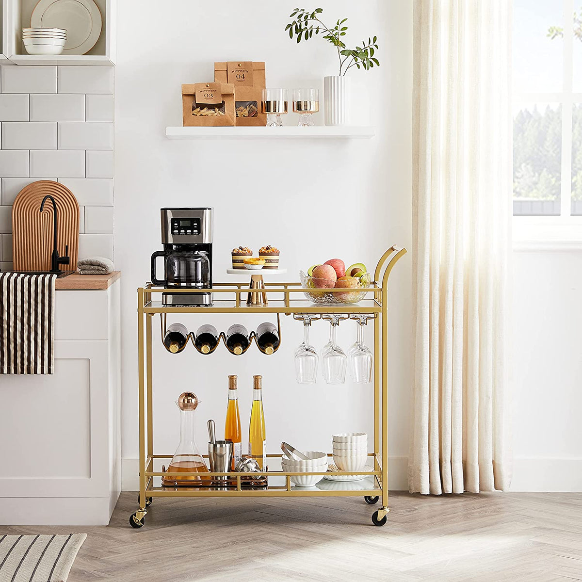 Bar Cart Gold, Home Bar Serving Cart, Wine Cart with 2 Mirrored Shelves