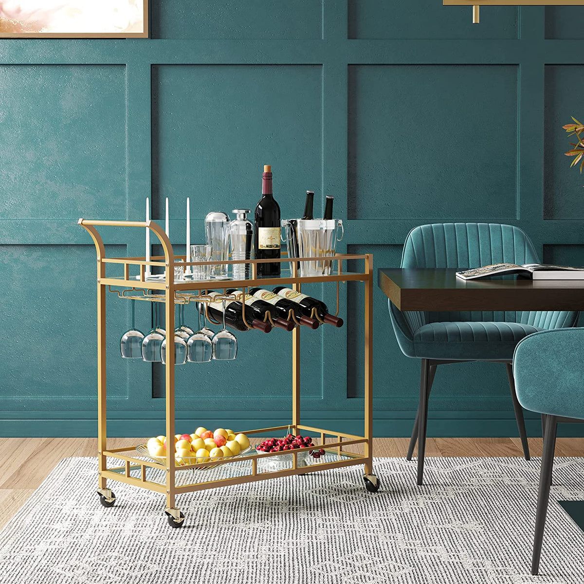 Bar Cart Gold, Home Bar Serving Cart, Wine Cart with 2 Mirrored Shelves