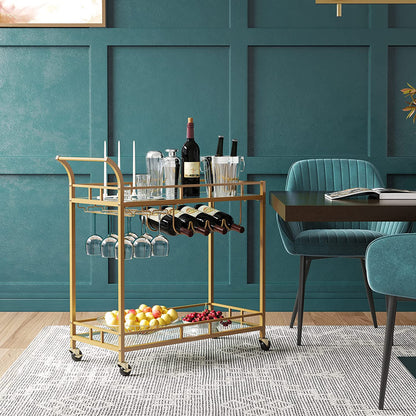Bar Cart Gold, Home Bar Serving Cart, Wine Cart with 2 Mirrored Shelves