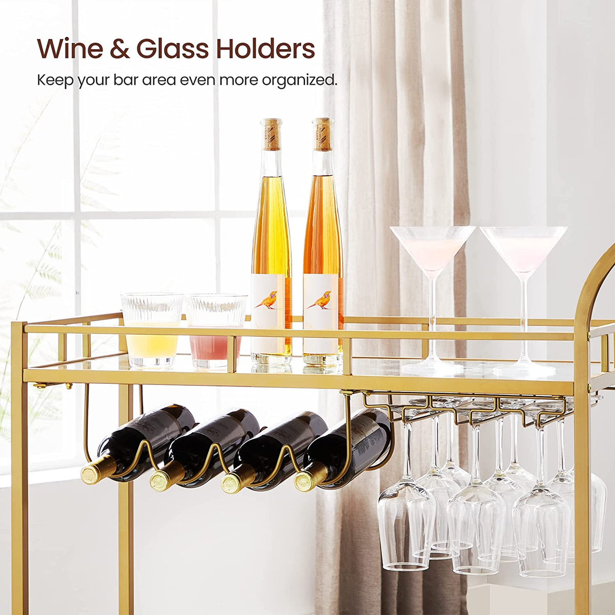 Bar Cart Gold, Home Bar Serving Cart, Wine Cart with 2 Mirrored Shelves