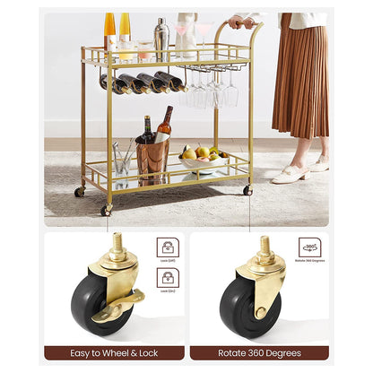 Bar Cart Gold, Home Bar Serving Cart, Wine Cart with 2 Mirrored Shelves