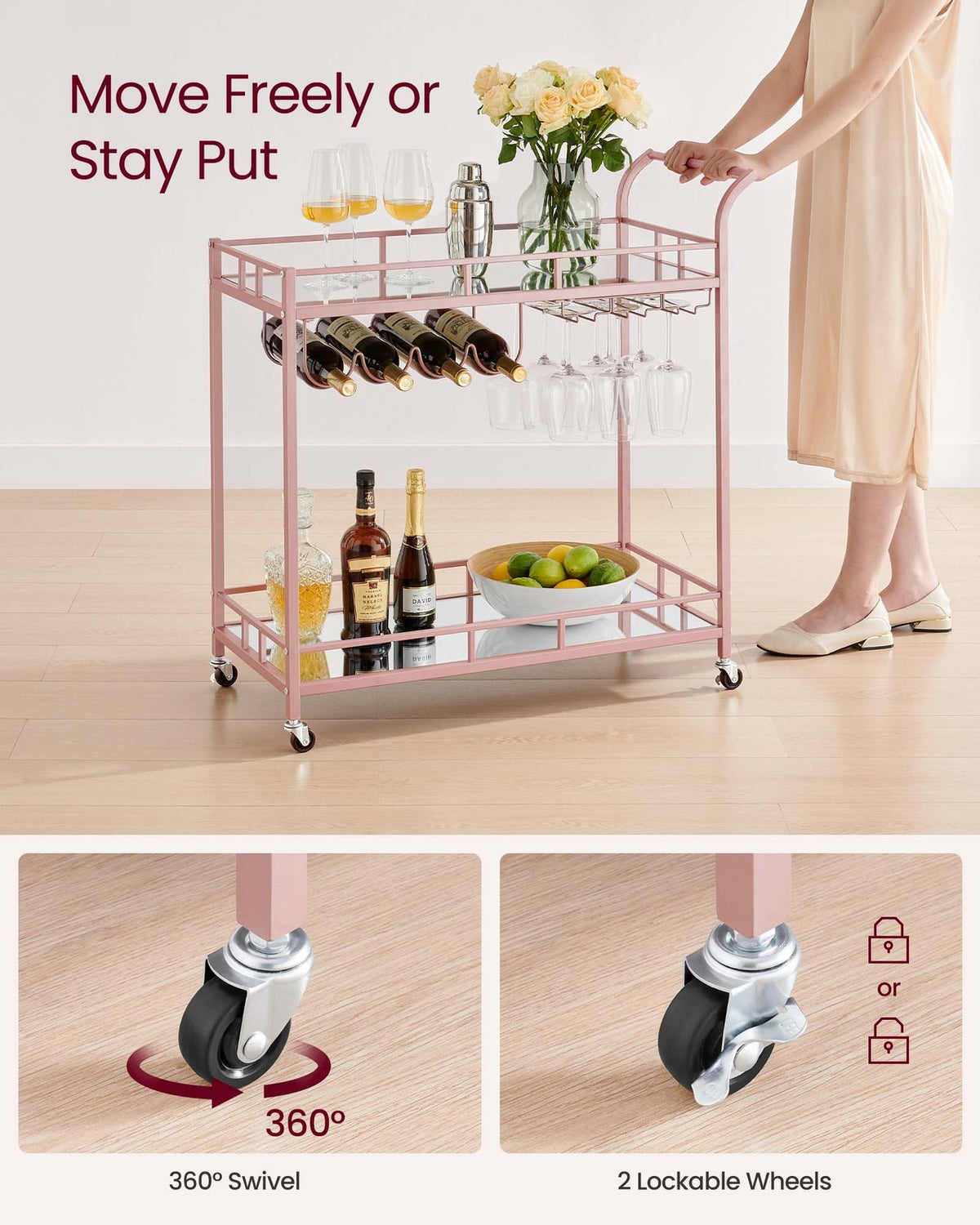 Home Bar Serving Cart with 2 Mirrored Shelves