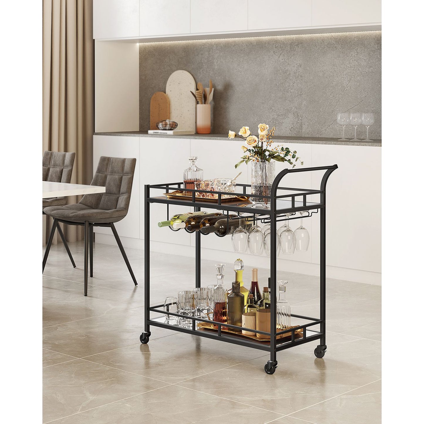 Home Bar Serving Cart with 2 Mirrored Shelves