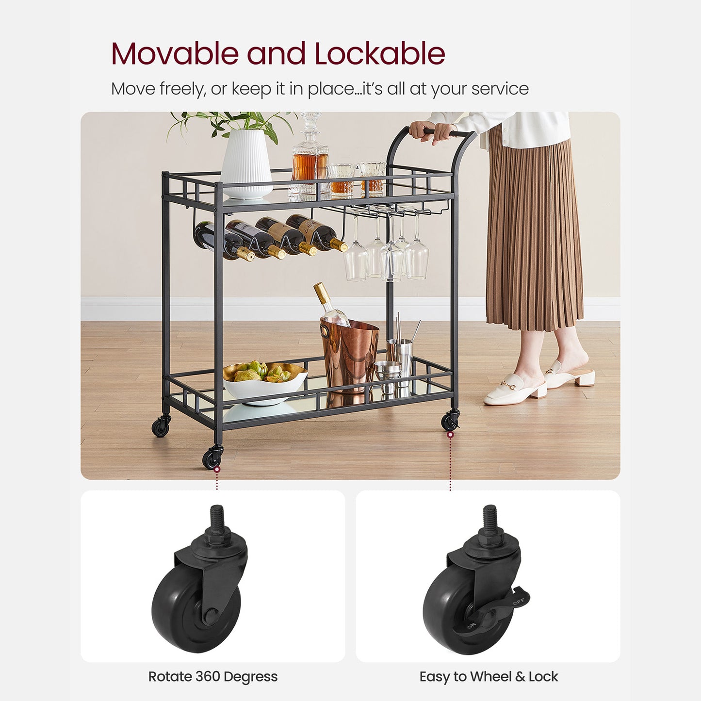 Home Bar Serving Cart with 2 Mirrored Shelves