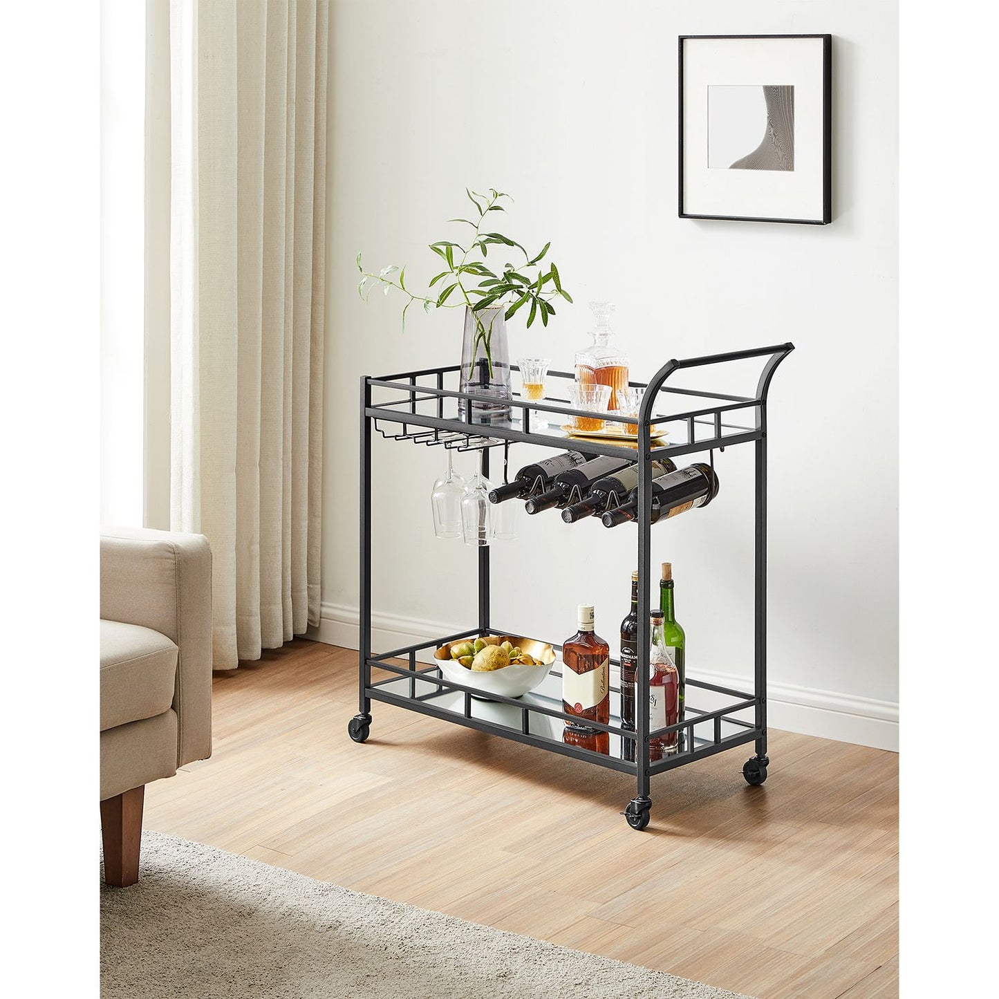 Home Bar Serving Cart with 2 Mirrored Shelves