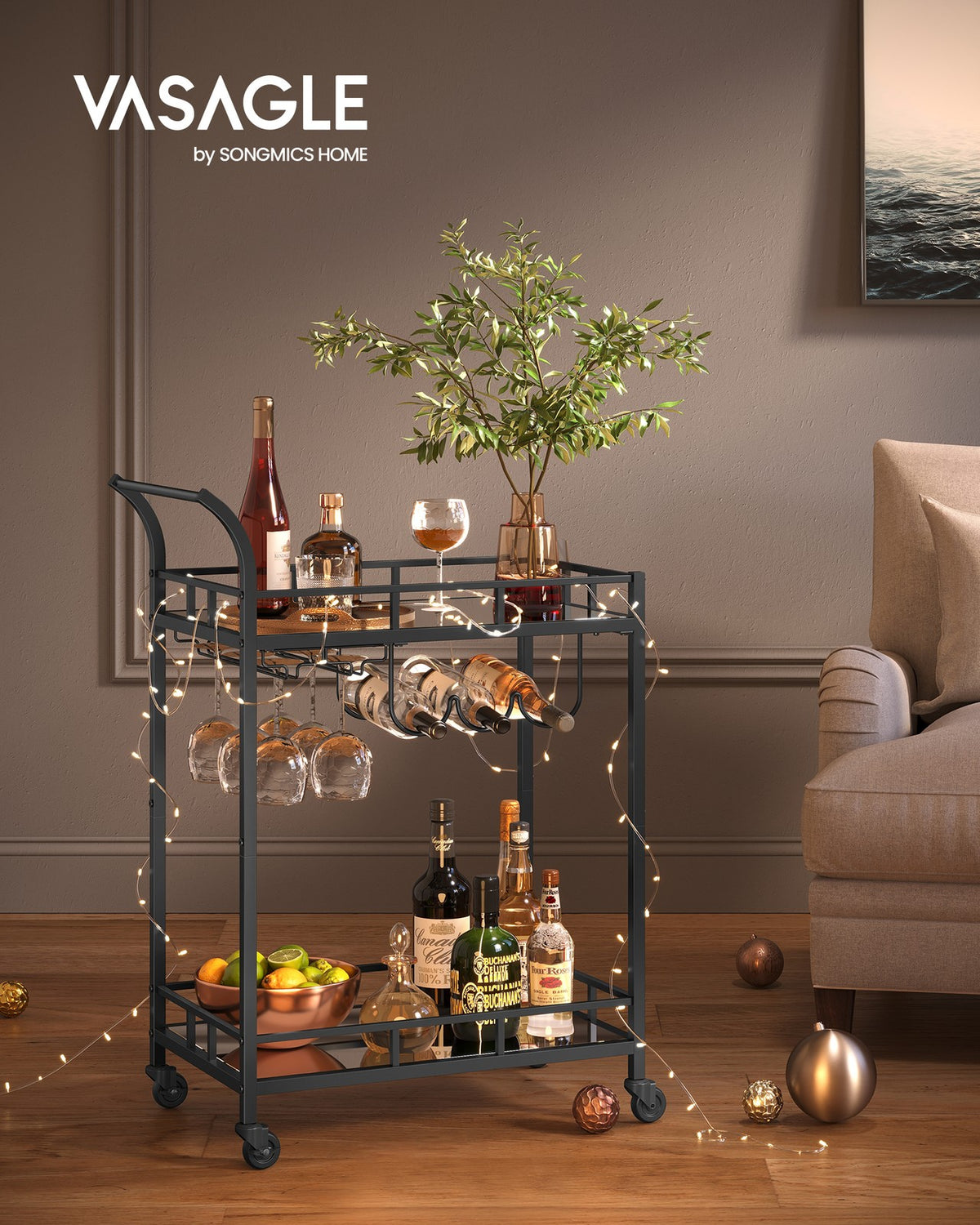 Home Bar Serving Cart with 2 Mirrored Shelves