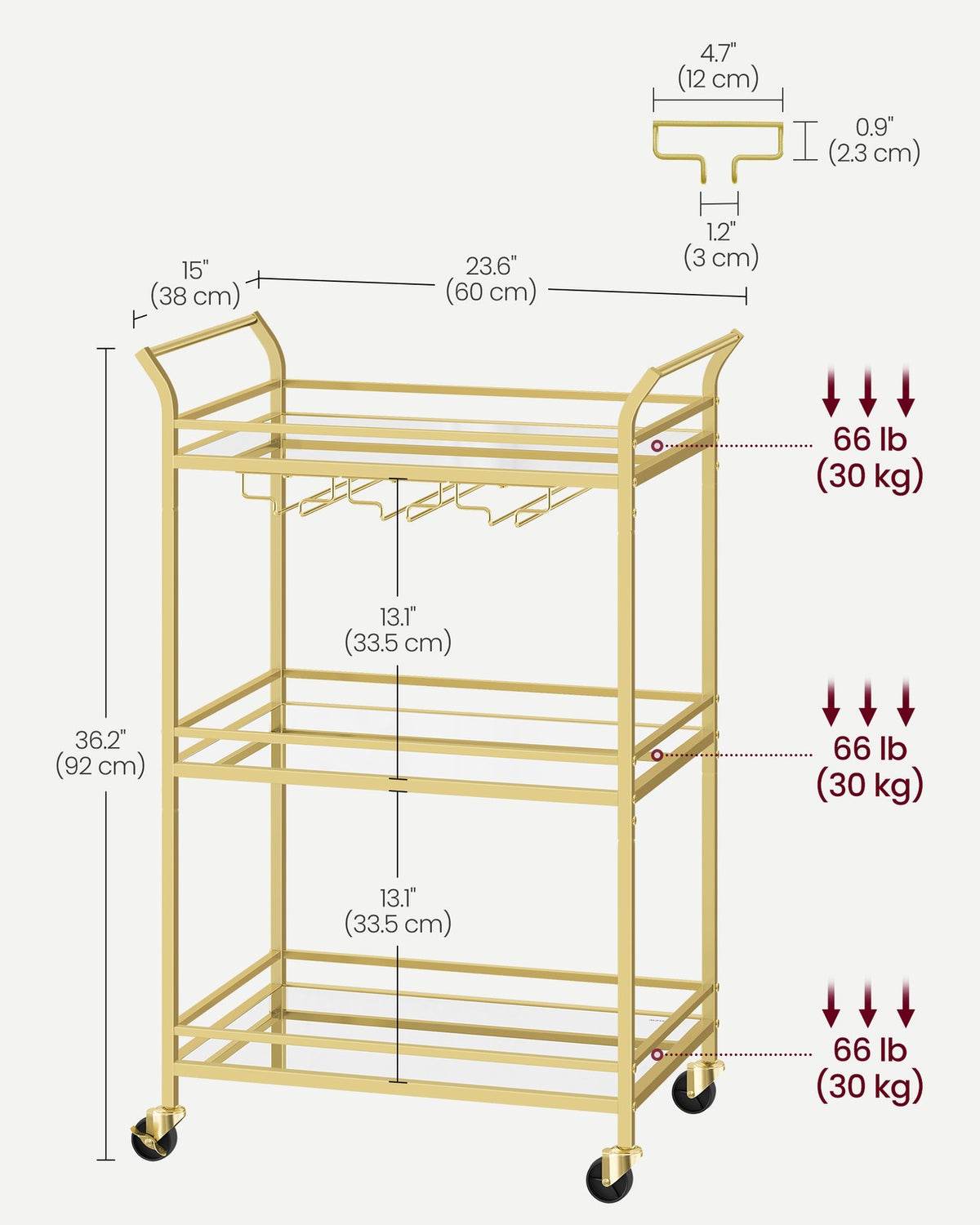 Home Bar Serving Cart with 3-Tier Shelf