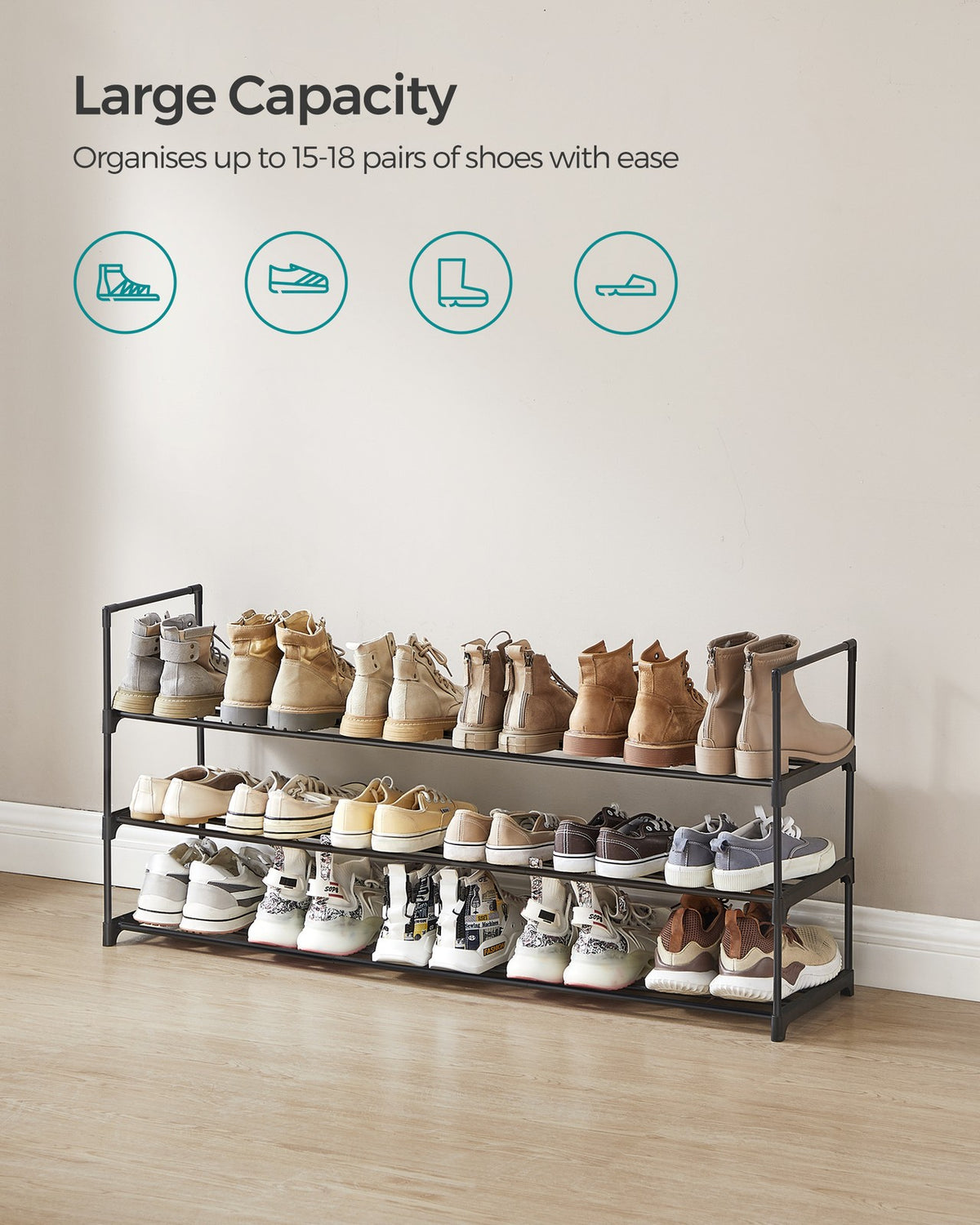 3 Tier Metal Shoe Rack for 18 Pairs of Shoes