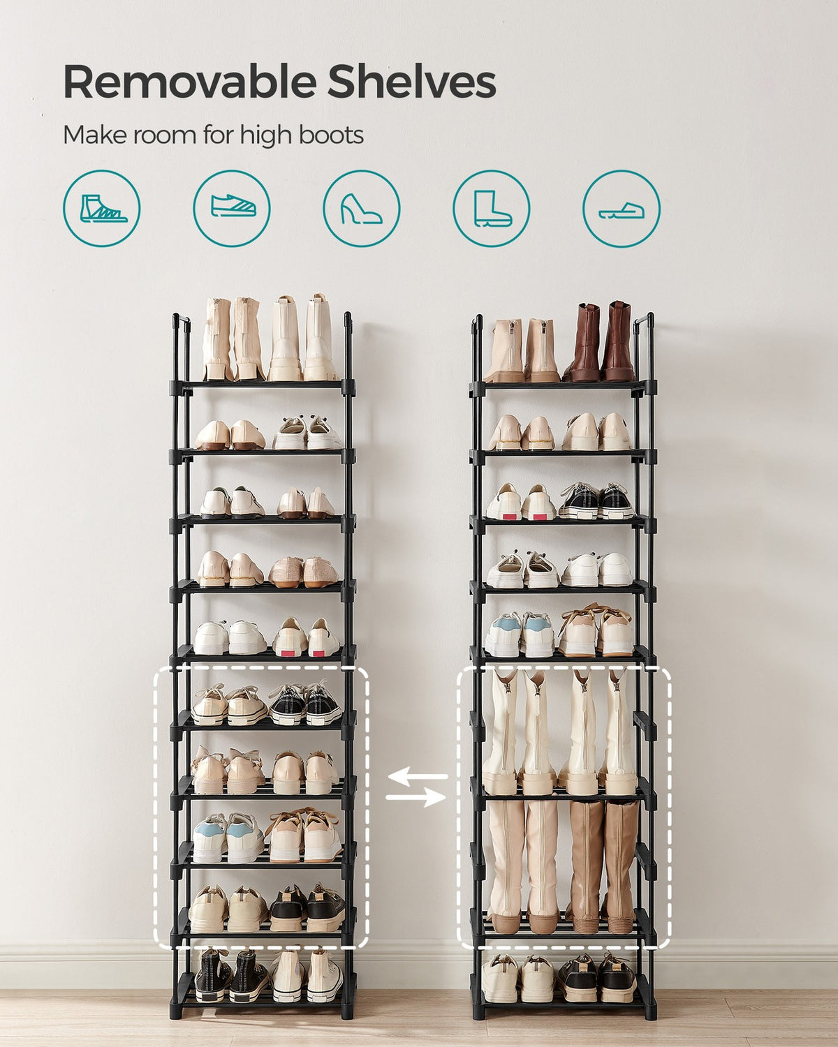 Large 10-Shelf Shoe Rack, Iron Shoe Storage Organizer, Customizable Design