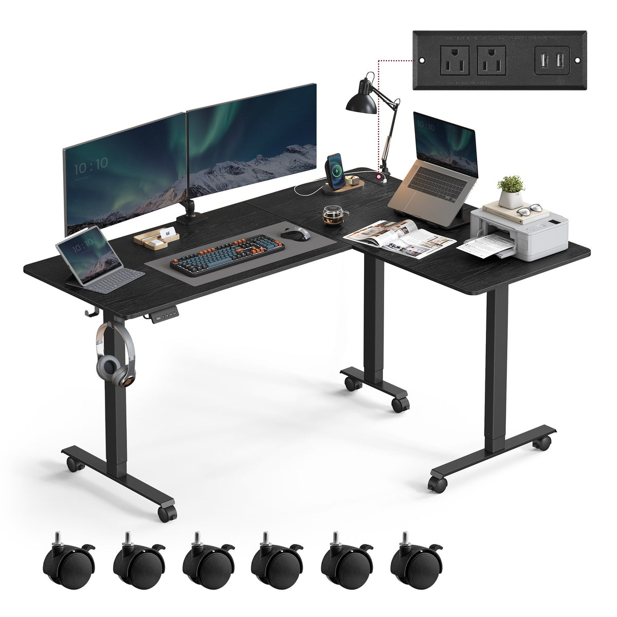 L-Shaped Electric Standing Desk with Power Outlets