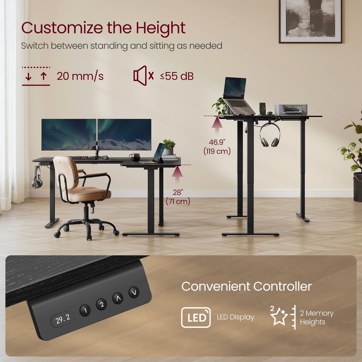 L-Shaped Electric Standing Desk with Power Outlets