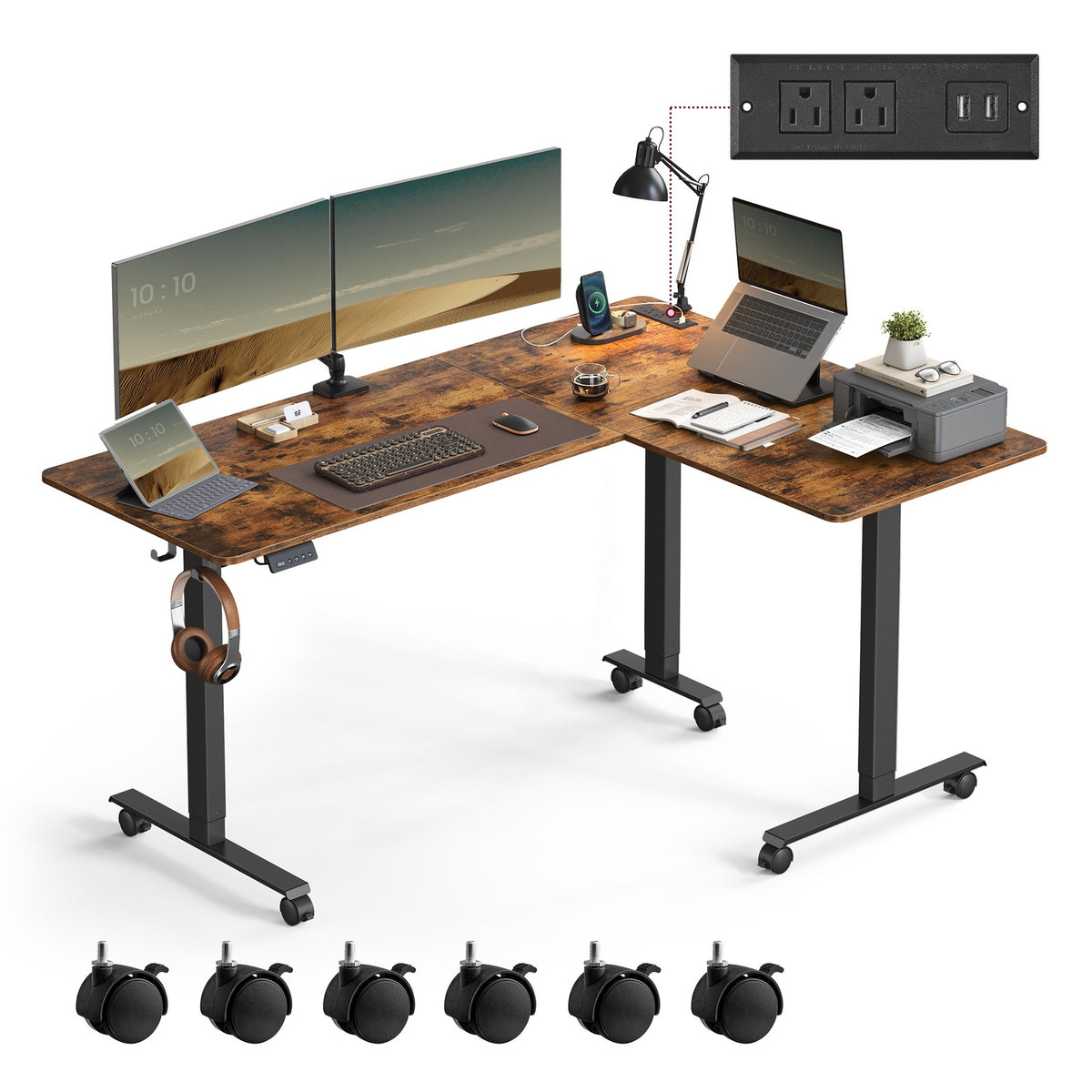L-Shaped Electric Standing Desk with Power Outlets