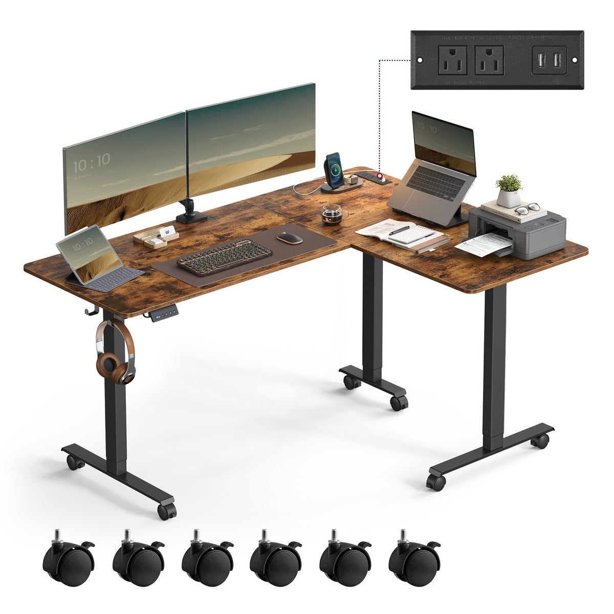 L-Shaped Electric Standing Desk with Power Outlets
