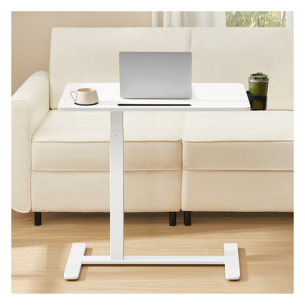 Overbed Table with Wheels, Mobile Standing Computer Desk, 31.5 x 17.7 Inches Tabletop, Adjustable Height, 2 Cup Holders, Phone and Tablet Slot, Cloud White
