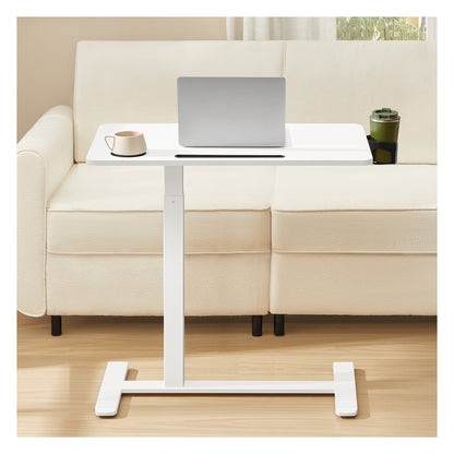 Overbed Table with Wheels, Mobile Standing Computer Desk, 31.5 x 17.7 Inches Tabletop, Adjustable Height, 2 Cup Holders, Phone and Tablet Slot, Cloud White