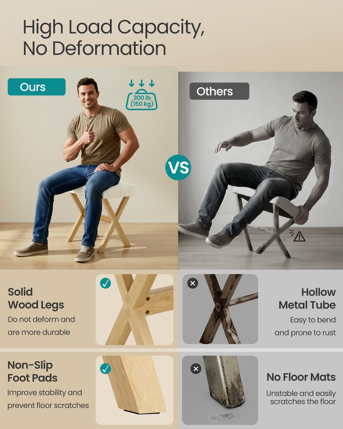 Makeup Stool, Padded Foot Rest, 12.6 x 16.5 x 18.1 Inches, Gray and Brown - image 20