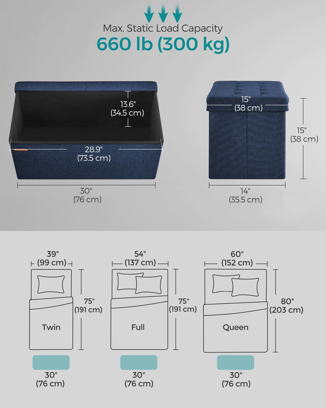 76 cm Storage Ottoman, Foldable Storage Bench with Flipping Lid, 300 kg Load Capacity, for Entryway