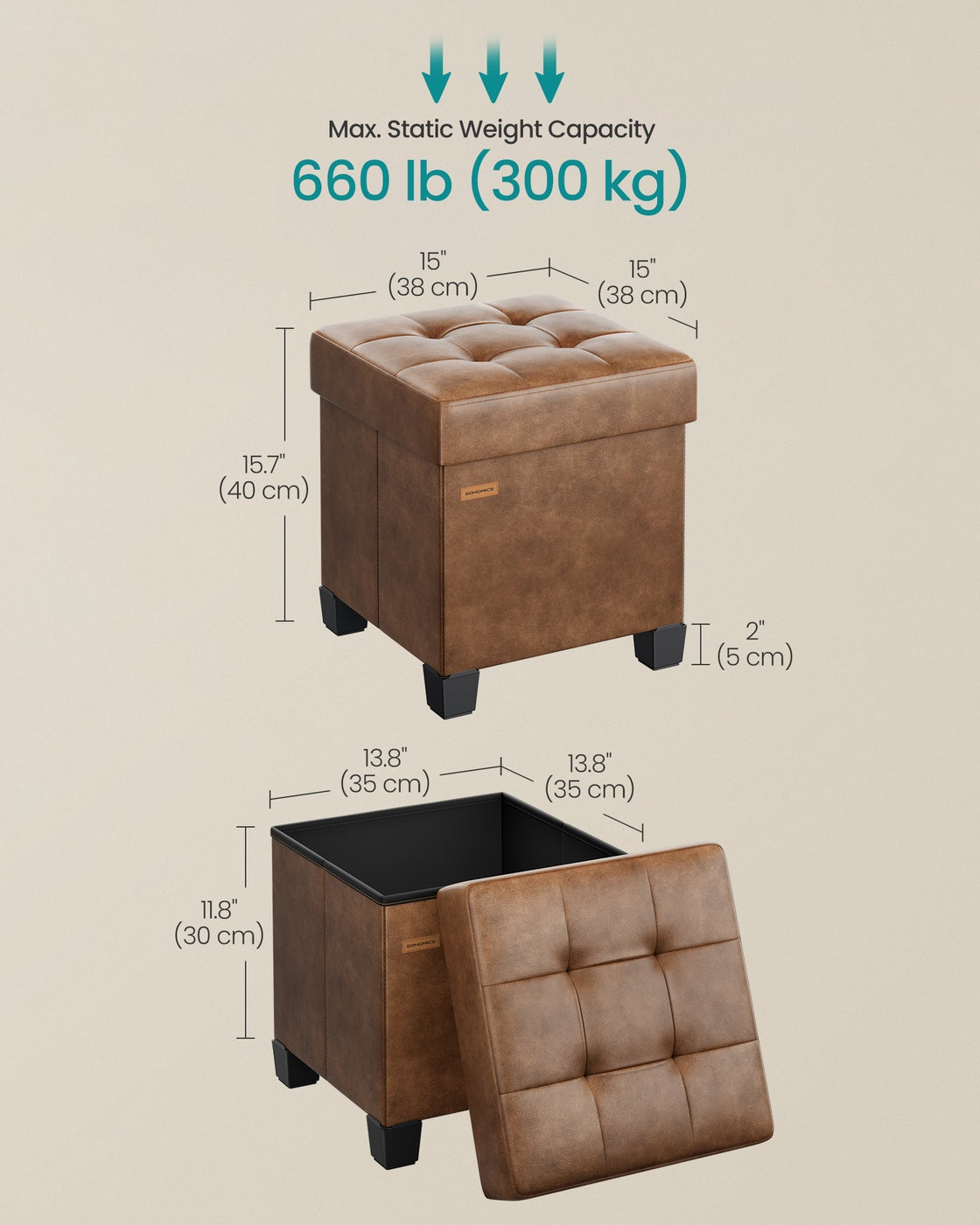 Storage Ottoman, 660 lbs Capacity, Foldable, Faux Leather, Coffee Brown