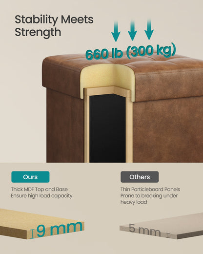 Storage Ottoman, 660 lbs Capacity, Foldable, Faux Leather, Coffee Brown