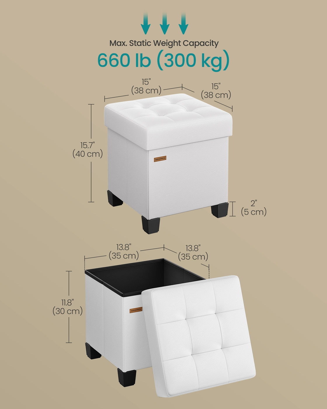Storage Ottoman, 660 lbs Capacity, Foldable, Faux Leather, Coffee Brown