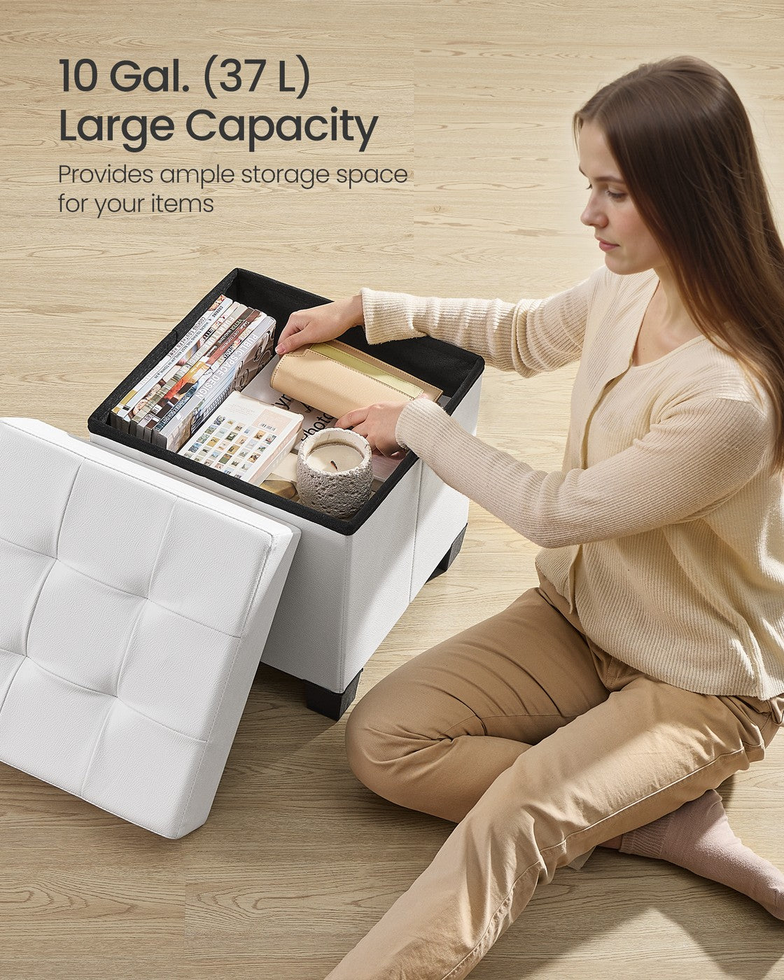Storage Ottoman, 660 lbs Capacity, Foldable, Faux Leather, Coffee Brown