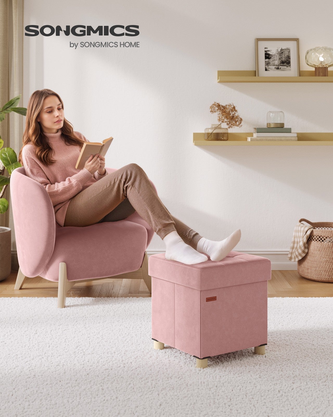 Small Storage Ottoman, Folding Ottoman Cube, 15 x 15 x 15.7 Inches, Footstool, Footrest, 9.8 Gal. (37 L), Velvet Surface, for Bedroom, Living Room, Dorm, Jelly Pink - image 3