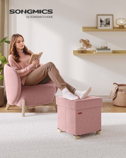Small Storage Ottoman, Folding Ottoman Cube, 15 x 15 x 15.7 Inches, Footstool, Footrest, 9.8 Gal. (37 L), Velvet Surface, for Bedroom, Living Room, Dorm, Jelly Pink - image 3