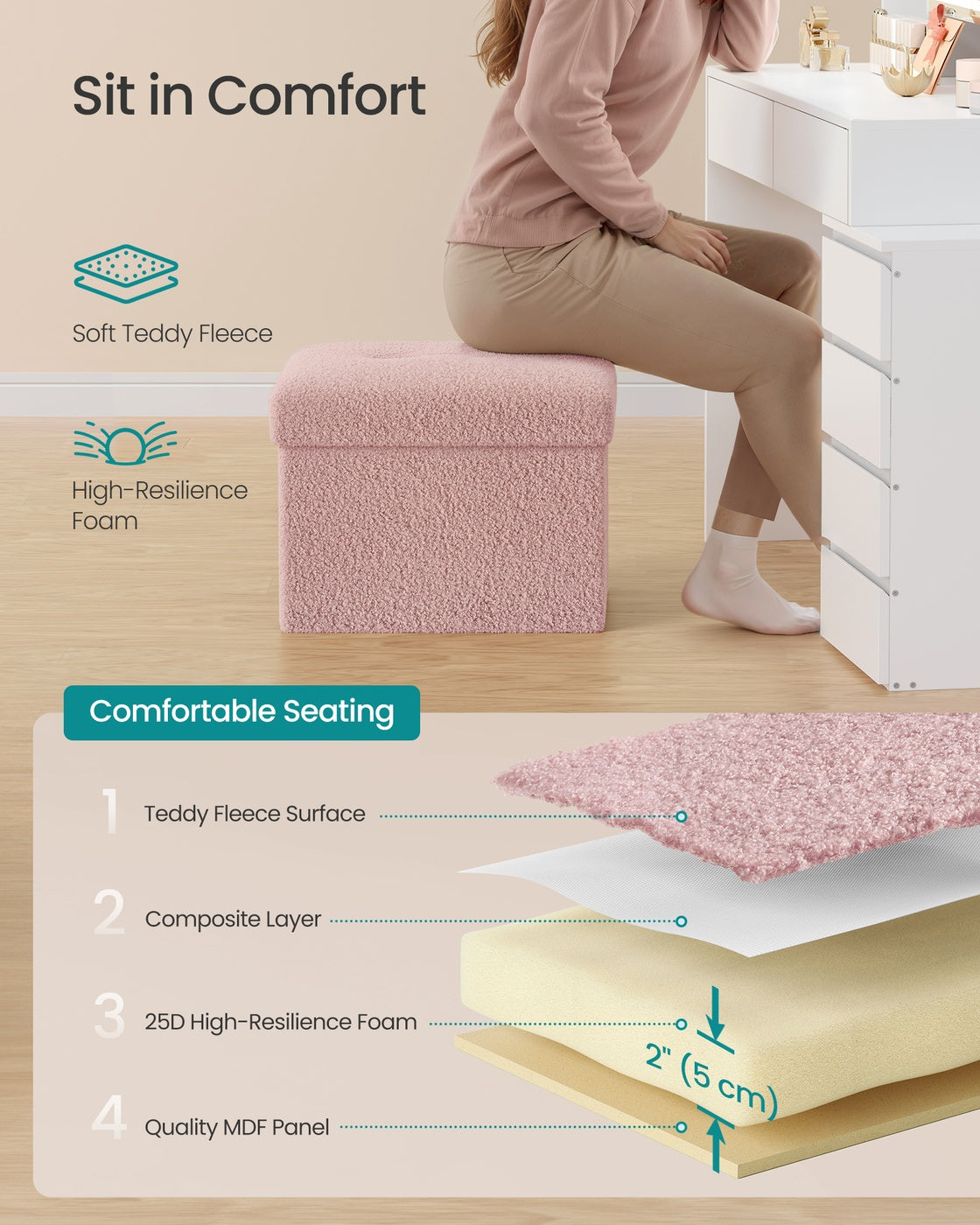 Storage Ottoman Bench, Storage Chest, 12.2 x 16.1 x 12.2 Inches, End of Bed Bench, Load up to 286 lb, for Living Room, Bedroom, Entryway