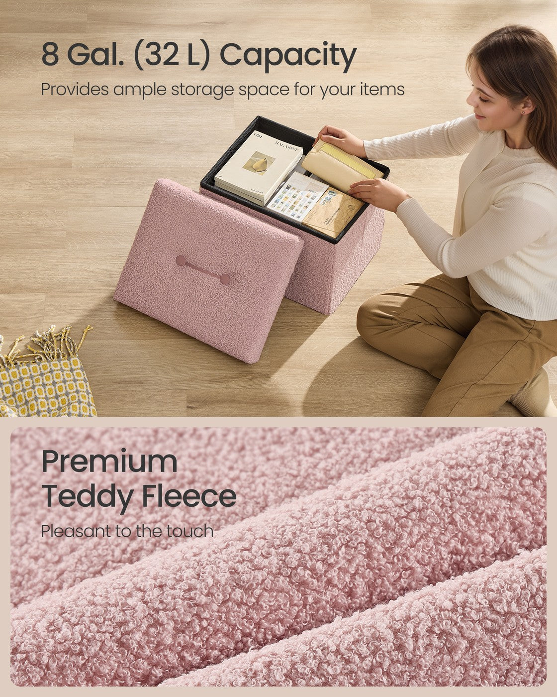 Storage Ottoman Bench, Storage Chest, 12.2 x 16.1 x 12.2 Inches, End of Bed Bench, Load up to 286 lb, for Living Room, Bedroom, Entryway