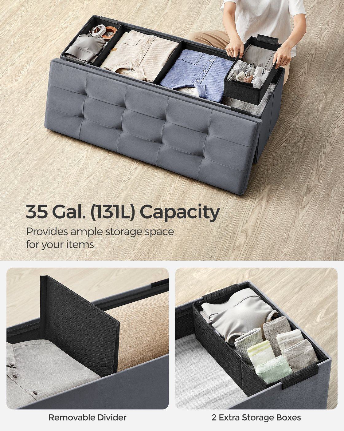 MAZIE Collection - 15 x 43 x 15 Inches Storage Ottoman Bench with Storage Chest, Load up to 660 lb Slate Gray - image 4