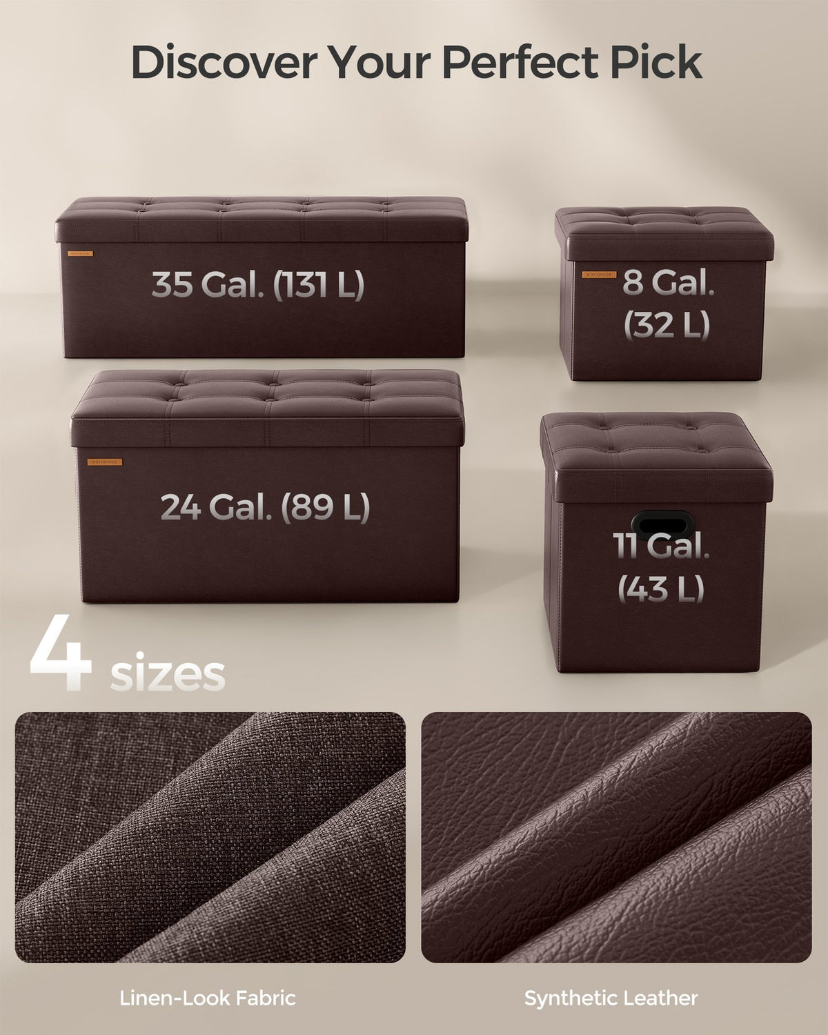 43" L Faux Leather Folding Storage Ottoman Bench, Storage Chest Footrest Padded Seat, Brown