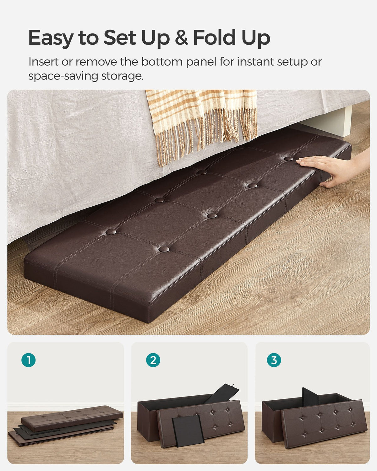 43" L Faux Leather Folding Storage Ottoman Bench, Storage Chest Footrest Padded Seat, Brown