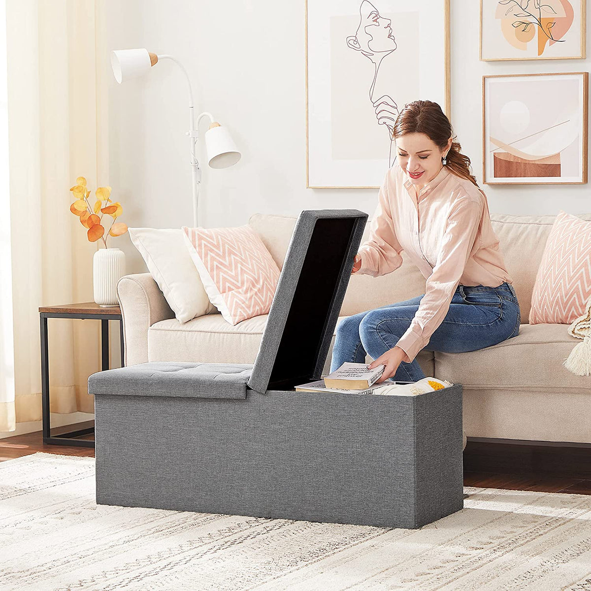 43.3 Inches Storage Ottoman Bench, Folding Storage Chest, Footstool with Flip-up Lid