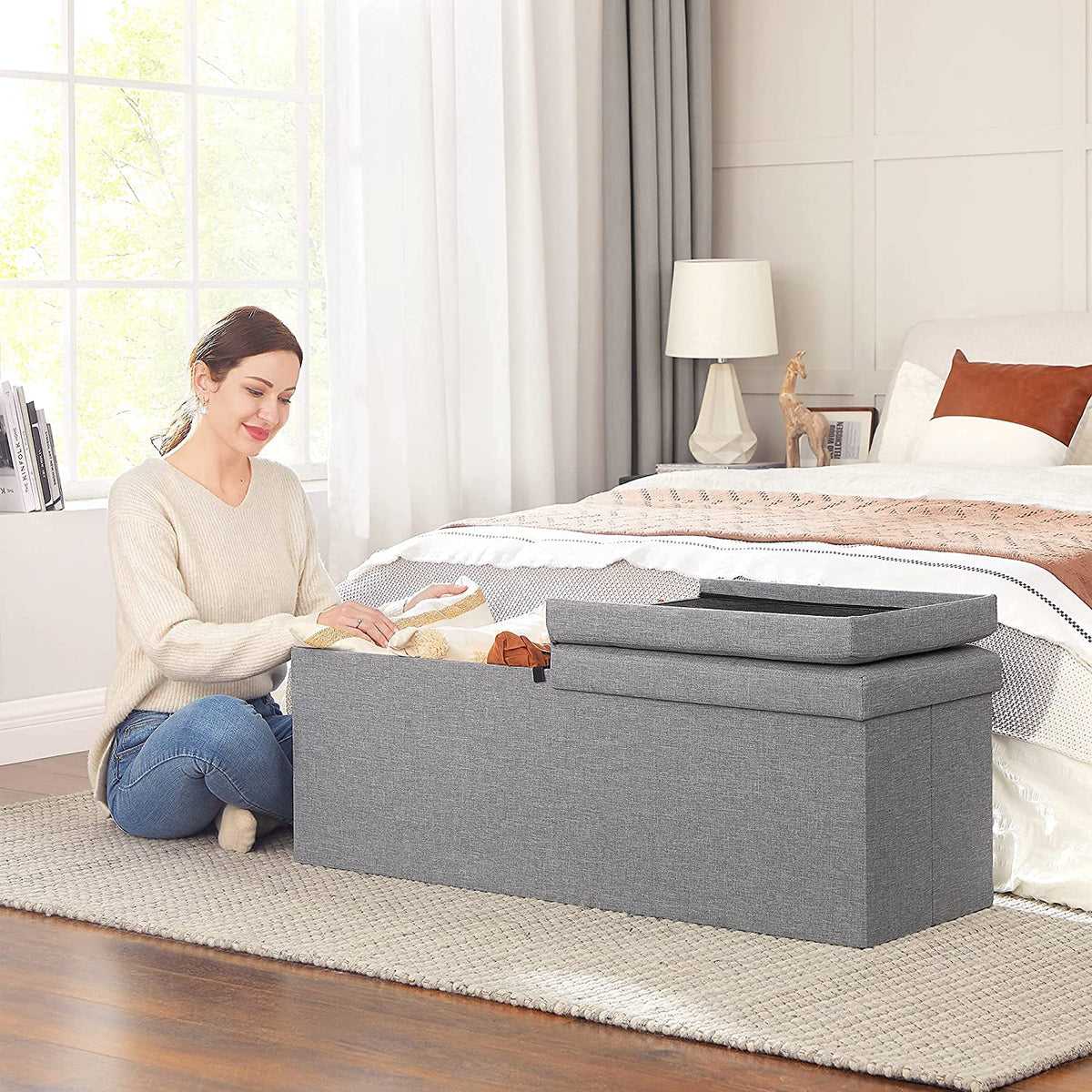 43.3 Inches Storage Ottoman Bench, Folding Storage Chest, Footstool with Flip-up Lid