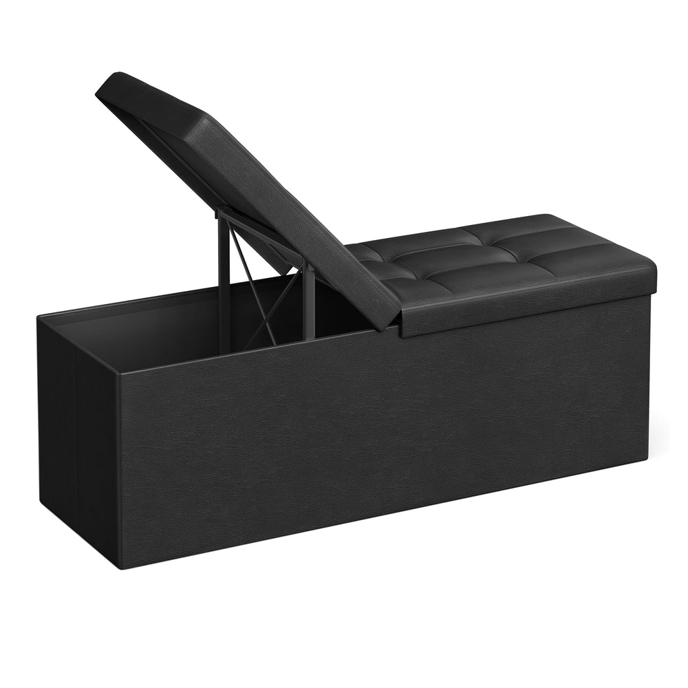 43" L Folding Storage Ottoman Bench with Flipping Lid, Faux Leather Storage Chest with Iron Frame Support, Black